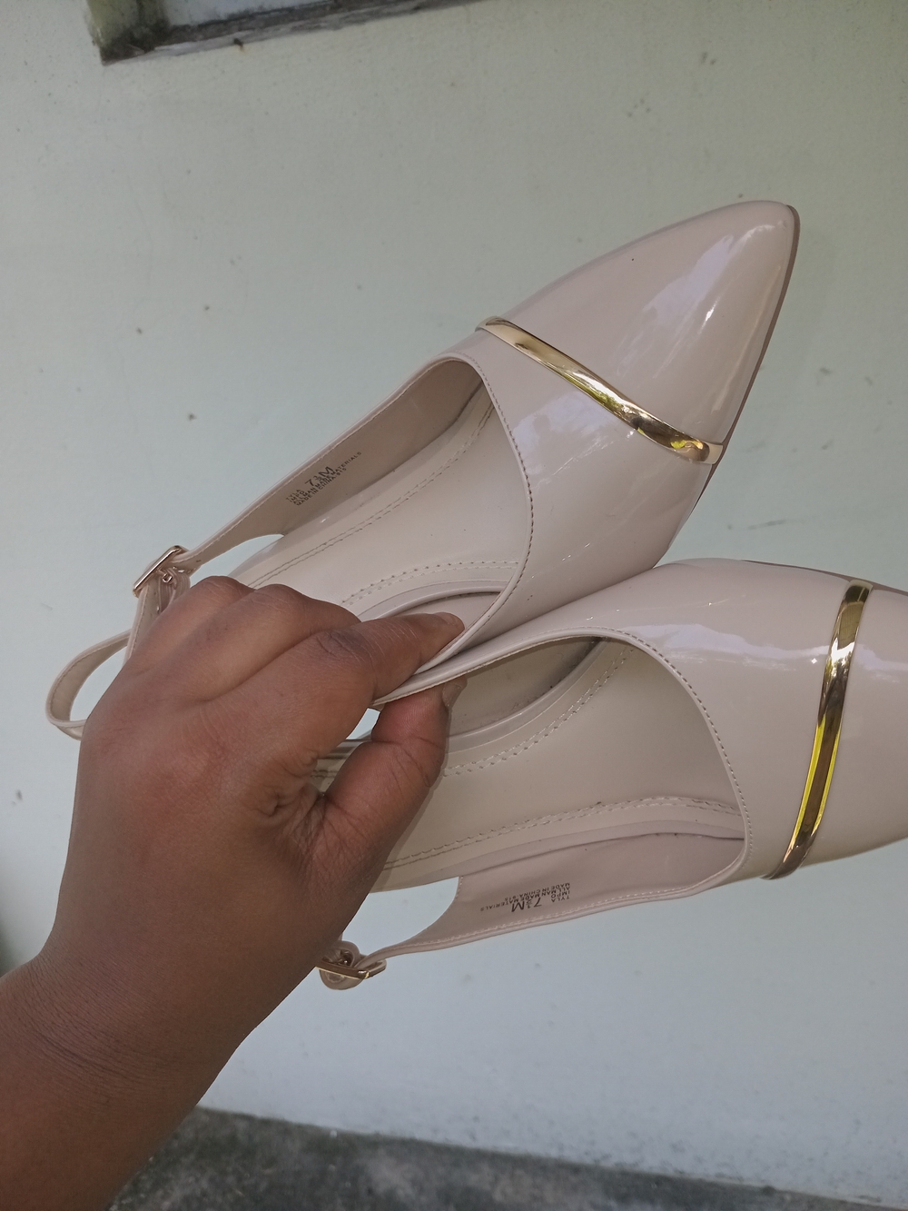 Nude Patent Pointed-Toe Slingback Flats with Gold Accent